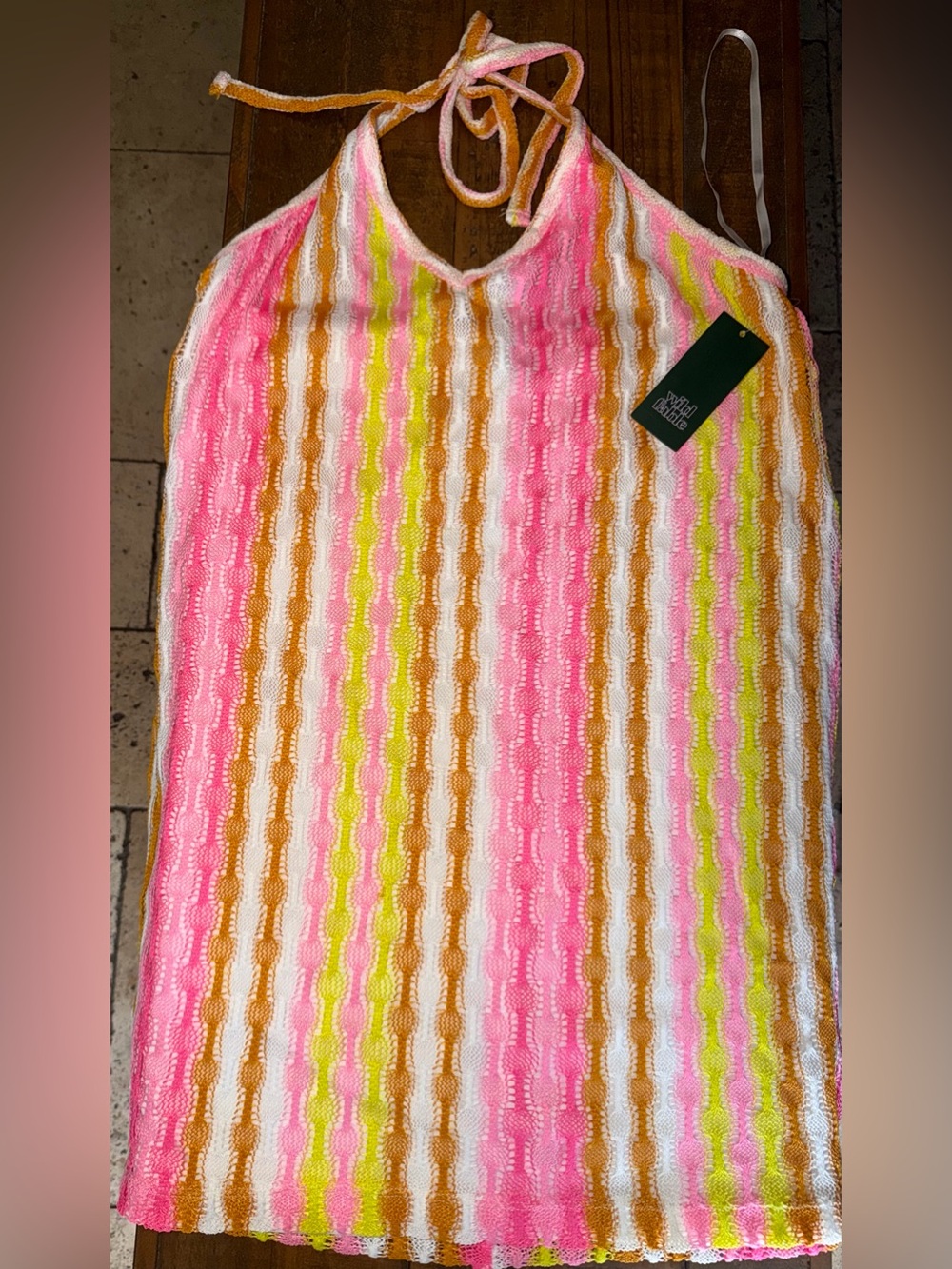 Striped Knit Halter Swim Dress in Pink, Yellow, White